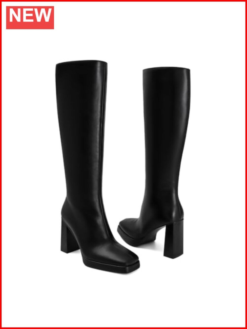 Faux Leather Knee High Boots Platform Chunky Block Heeled Square Toe